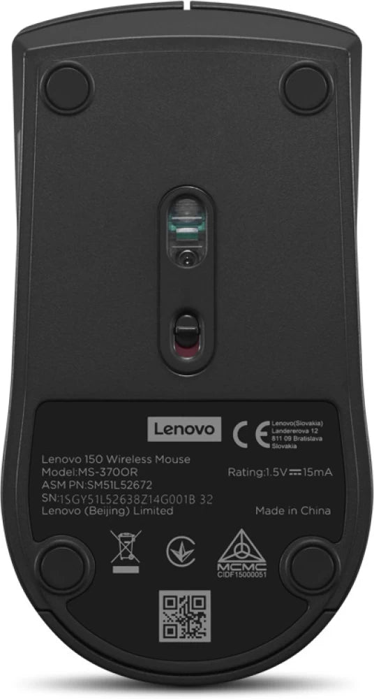 Souris Sans Fil Lenovo 150 – Connexion USB 2.4 GHz, Capteur 1000 DPI, Design Ambidextre, Noir